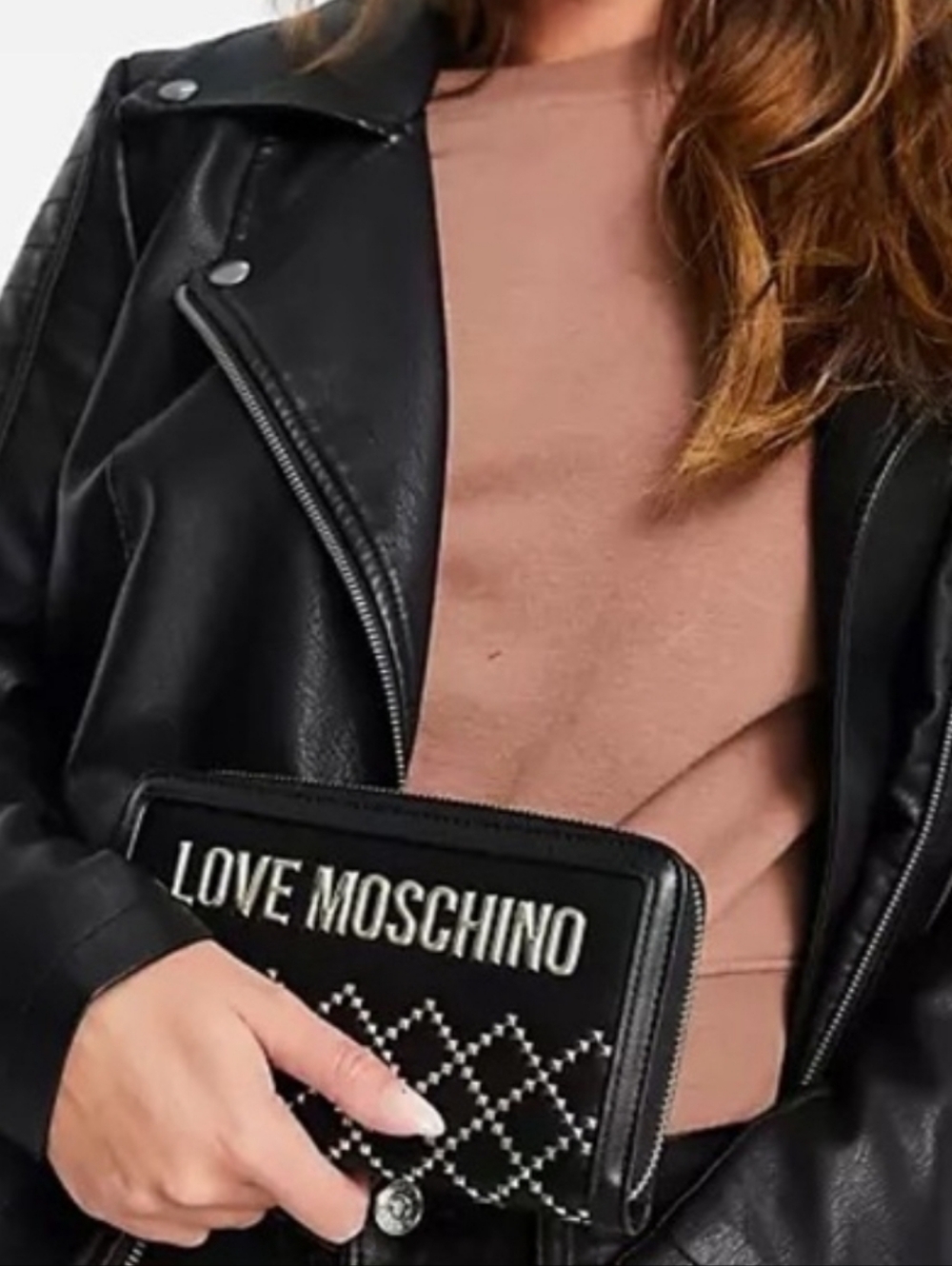 NWT LOVE MOSCHINO Portafogli Pu Nero Studded Zip Wallet